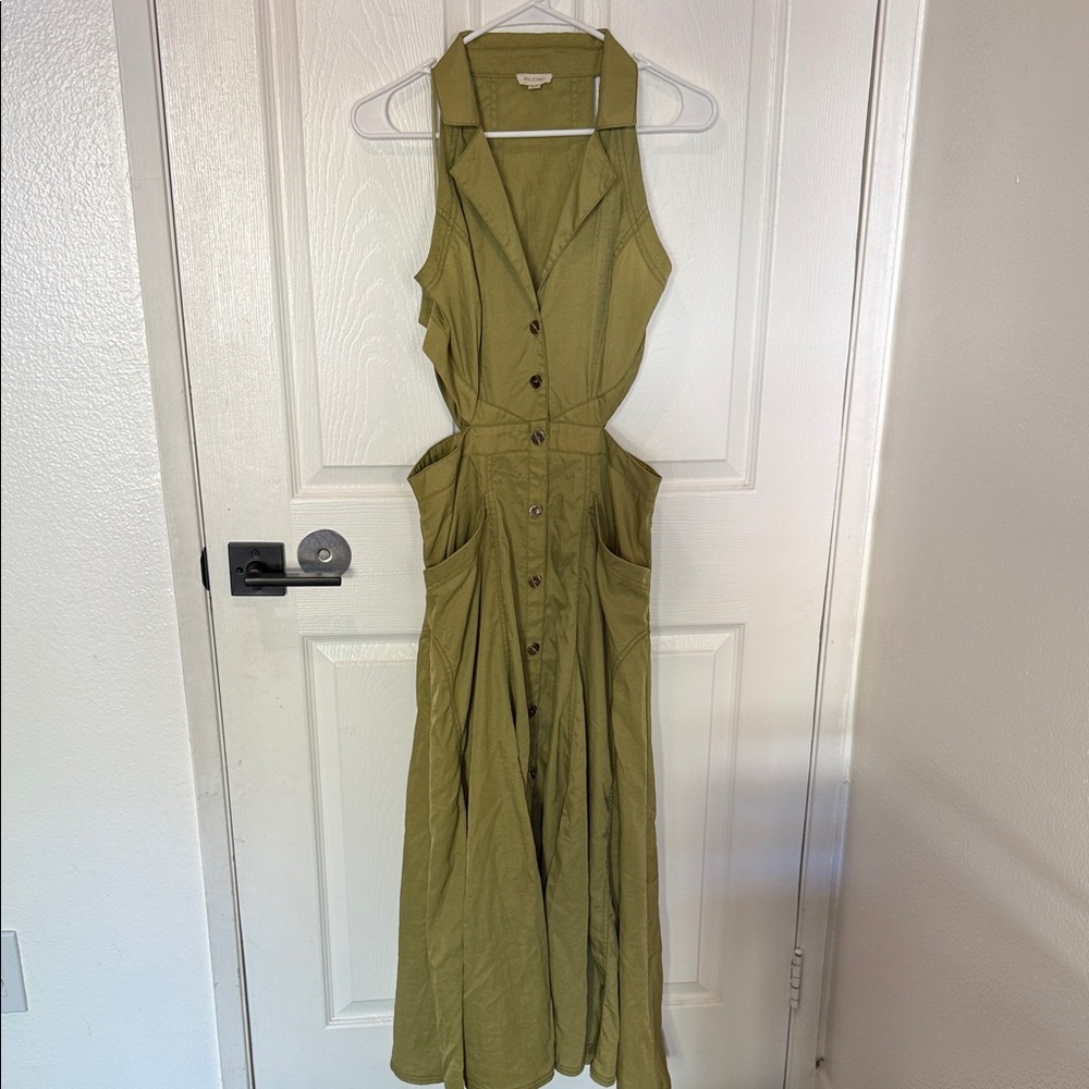Anthropologie PILCRO Olive Green Sleeveless Button-Down Dress with side cutouts.